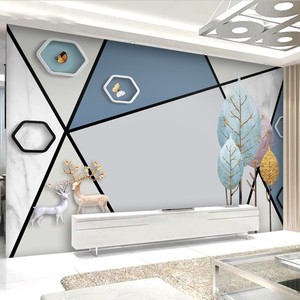 欧式奢华仿大理石纹理客厅现代简约电视背景墙壁纸8d立体麋鹿墙布