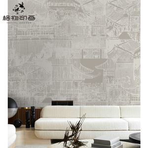 中式大气古典线描阁楼客厅背景墙纸壁布书房电视酒店装饰硬包壁画