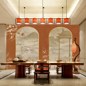 新中式花鸟山水壁纸电视背景墙布客厅复古风法式轻奢中国风墙纸画