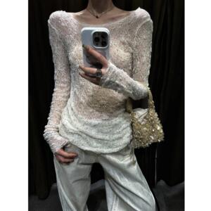 ZARA 新品女装镶钻饰半透明修身亮光露背蕾丝上衣罩衫1058003 251