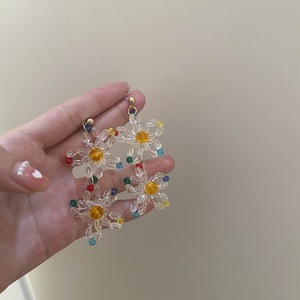 包邮 水晶串珠撞色花朵长款夏日度假风小众耳环超仙编织花朵耳夹