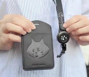 日系惊讶猫挂脖式可伸缩学生卡套公交卡证件卡卡套卡通PU卡包