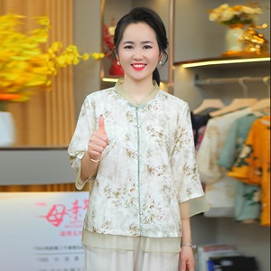 妈妈装夏季中国风短袖套装时尚女装W新款七分袖上衣加裤子两件套