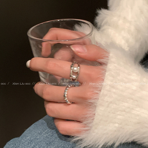 珍珠不规则金属素圈戒指女小众设计简约个性食指戒开口可调节指环