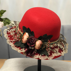 茶花朵蕾丝毛呢帽子女秋冬时尚优雅红色圆顶礼帽女英伦显脸小毡帽