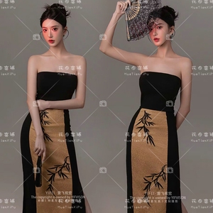 影楼主题新中式中国风复古水墨画旗袍新款清冷感艺术拍照写真服装
