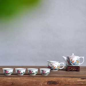 功夫茶具 磬声茶杯套装景德镇手绘粉彩6人组合整套茶具泡茶壶匀杯