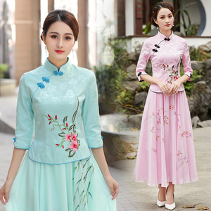 二件套中国风汉服女民国风改良中式古装文艺唐装中袖茶服旗袍上衣