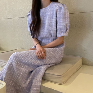 韩国chic夏季法式小香风圆领压褶收腰显瘦泡泡袖格纹粗花呢连衣裙