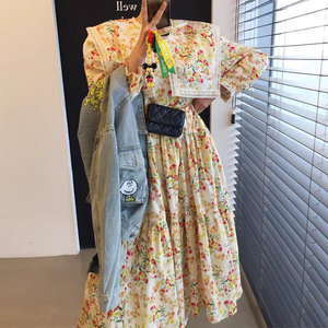 韩国chic春季复古洋气海军领花色印花拼接高腰显瘦长袖连衣裙长裙