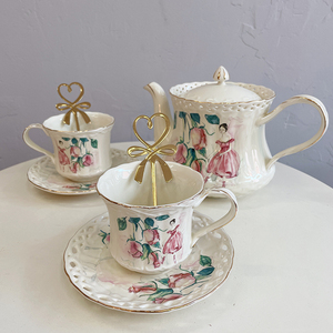 韩式复古陶瓷粉色郁金香英式下午茶杯碟花茶具茶壶描金咖啡杯碟