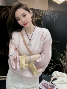 韩国东大门春季新款2色复古新中式袖子绣花设计圆领套头卫衣女潮
