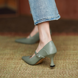 绿色女鞋子秋夏季新款尖头单鞋女性感细跟软面羊皮高跟鞋