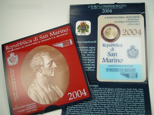 圣马力诺2004年纪念币 货币学家巴托洛莫.博格斯 2欧 卡装
