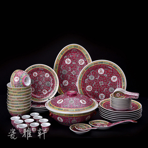 正品手工粉彩红地万寿无疆54头中餐具 具有收藏价值 文革瓷