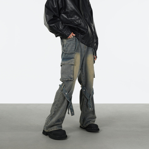 COOLALPACA 美式复古泥染口袋工装风绑带设计宽松微喇牛仔裤