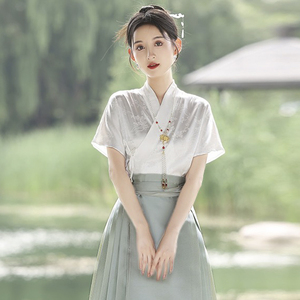搭配马面裙的上衣夏季短袖改良汉服交领提花衬衣女新中式国风套装
