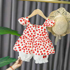 女童夏季套装网红一岁宝宝洋气樱桃满印短袖两件韩版婴儿纯棉衣服