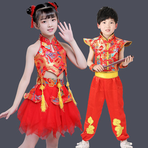 儿童开门红喜庆秧歌服男女童中国风打鼓服说唱中国红舞蹈演出服装