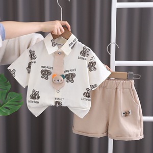 婴儿衣服夏季薄款洋气童装纯棉短袖衬衫礼服套装一周岁男宝宝夏装