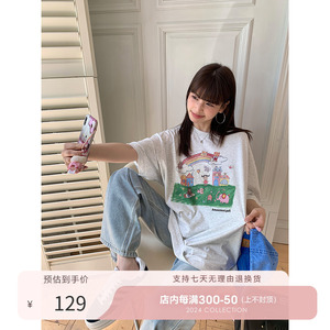 张子萱CheriZ 花灰色短袖T恤女士2024年夏季新款宽松显瘦打底上衣