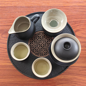 盖碗陶瓷整套功夫茶具套装家用简约黑陶中式精品酒店客房黑陶茶杯