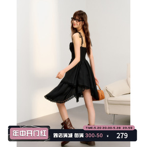 RECOINR1C 黑色吊带连衣裙女夏季蕾丝高级感设计感修身不规则裙子