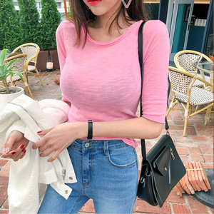 2019新款韩国修身显瘦粉色圆领五分袖性感微透T恤女半袖体恤上衣