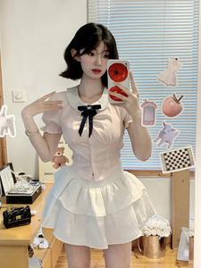 白色短款裙配的上衣韩式制服穿搭蓬蓬蛋糕裙套装女夏季两件套