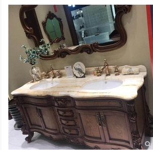 欧式浴室柜仿古橡木实木卫浴柜大理石台面洗手盆红橡双盆落地柜