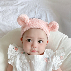 韩版ins粉色拍照百天周岁宝宝泰迪熊婴儿发带可爱兔耳朵发圈发饰
