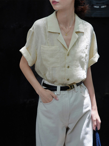 法式复古棉麻短袖衬衫女夏季薄款文艺亚麻上衣米白色气质通勤衬衣