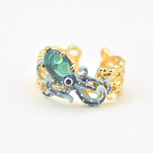 法国手工珐琅 海底两万里 蓝八爪鱼 宝石珍珠 章鱼戒指
