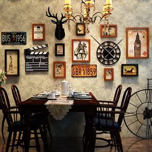 美式复古照片墙装饰创意鹿头相框墙带钟表组合餐厅背景相片墙挂饰