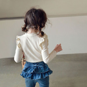 韩国儿童女孩菲边蕾丝袖T恤春款新款女童纯棉T恤打底衫百搭上衣