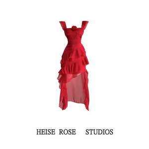 红色小飞袖玫瑰吊带拖尾连衣裙2024新款女夏季海边度假风显瘦长裙