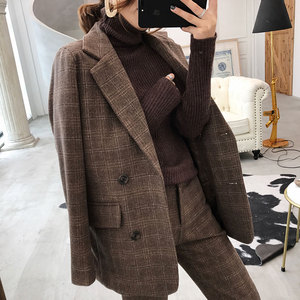 韩国2024秋冬新款羊毛呢格子小西装套装女时尚职业西服外套两件套