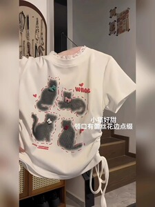 可爱小猫印花短袖T恤女甜酷辣妹风设计感蕾丝拼接小个子正肩上衣