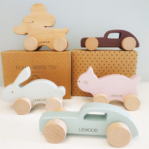 丹麦liewood爆款ins木质动物车 荷兰木制小车 儿童礼物玩具手推车