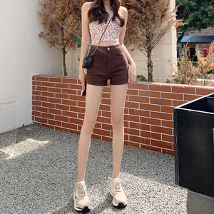 韩国超高腰紧身牛仔短裤女夏季薄款2024年新款小个子咖色弹力热裤