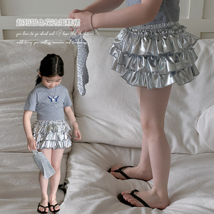女童银色层层蛋糕裙夏装2024新款韩版时髦儿童超短裙女宝短款T恤