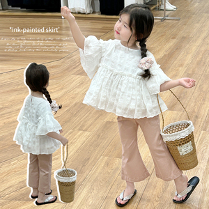 女童短袖娃娃衫套装夏装韩版时髦儿童白色飞袖上衣喇叭裤两件套