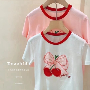 夏季专柜品牌女童短袖纯棉T恤裙子樱桃粉白两色休闲连衣裙公主风