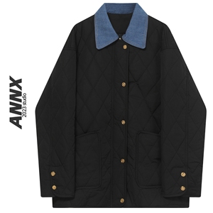 ANNX2024设计款外套女秋冬新款牛仔拼接菱格棉服宽松百搭上衣