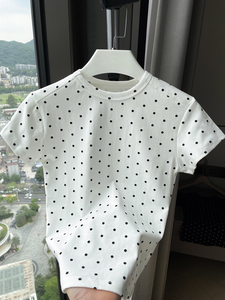 三木子自制 波点正肩短袖t恤女装夏季设计感小众修身白色短款上衣