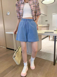三木子自制 夏季新款小个子高腰牛仔短裤女宽松显瘦直筒阔腿裤子