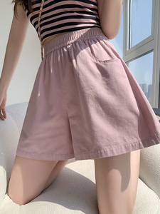 粉色棉麻短裤女夏薄款高腰休闲运动a字显瘦三分小个子工装阔腿裤
