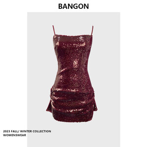 BANGON 红色亮片吊带连衣裙法式名媛气质纯欲风2024年新款裙子女