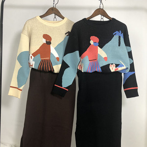 2023春季新款韩版卡通针织毛衣+黑色半身长裙套装学生减龄两件套
