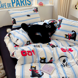 卡通可爱蓝条黑猫水洗棉四件套被套床单床上学生宿舍三件套少女心